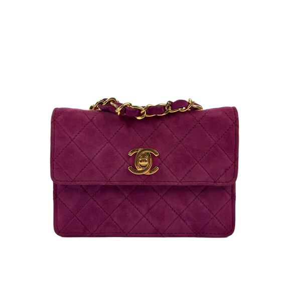 Chanel Vintage Fuchsia Suede Mini Flap Crossbody Bag w 24K Gold Plated Hardware - Picture 1 of 10